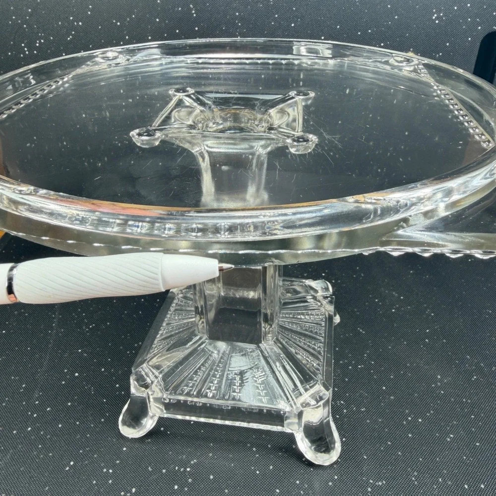 Antique Adams & Co Manganese Glow Glass Cake Stand 8in Tall 10in Wide Clear EAPG